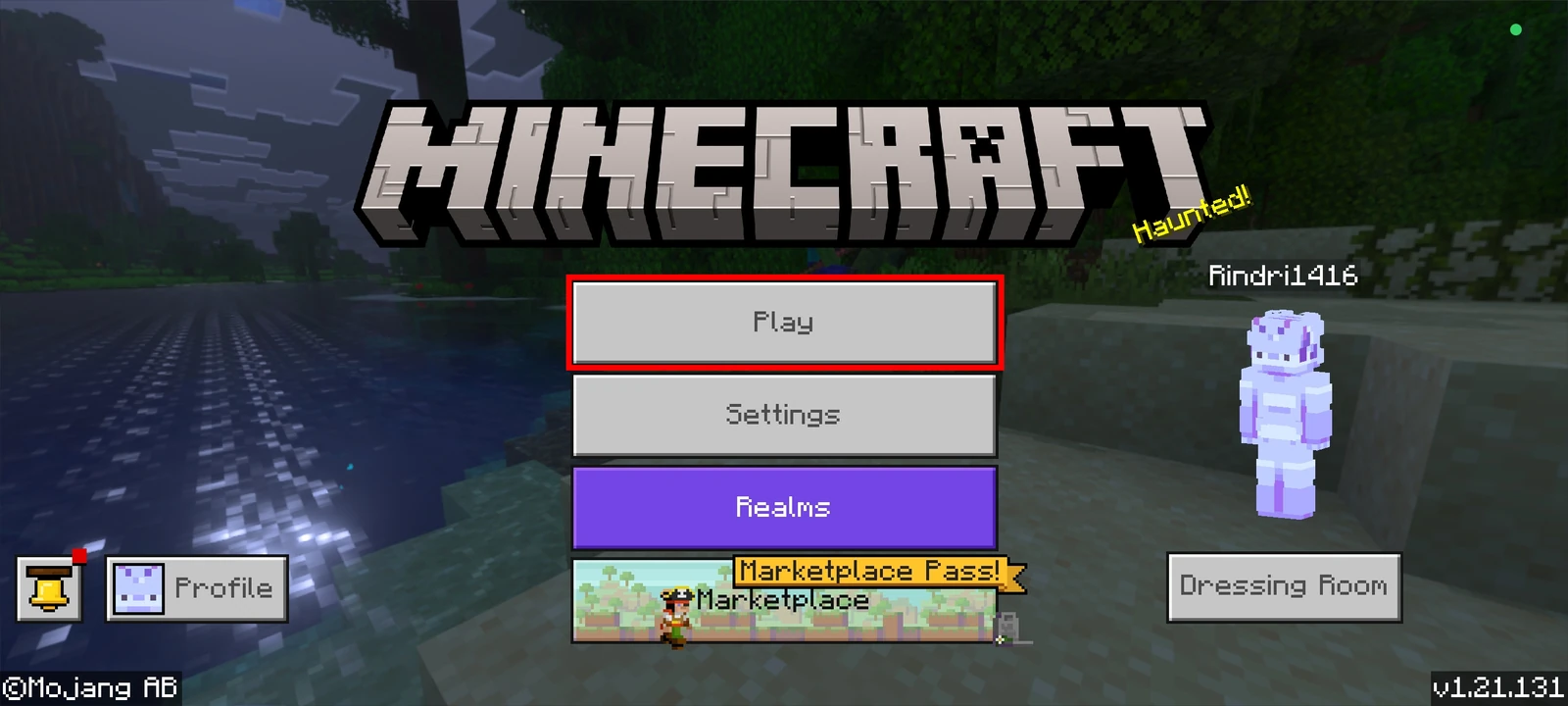 Minecraft Bedrock main menu with the Play button outlined in red