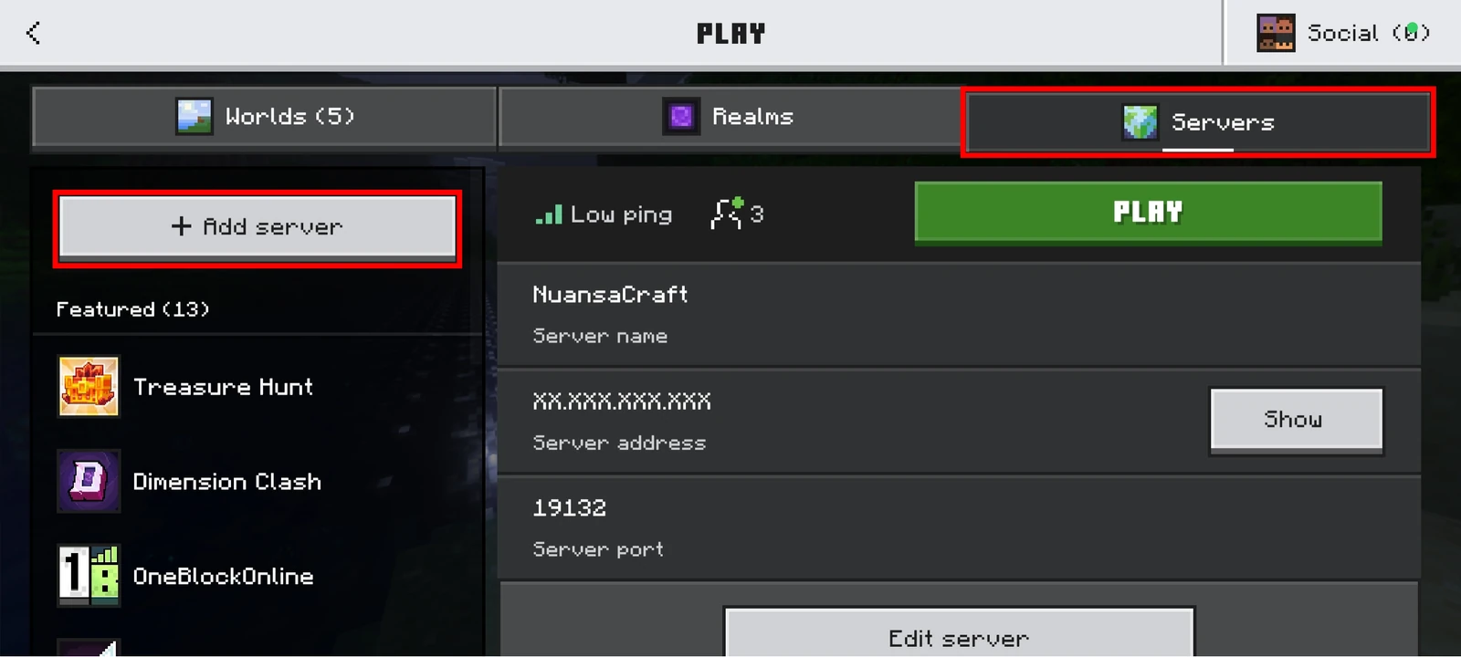 Servers tab in the Bedrock Play menu, with the Add server button above the list outlined in red