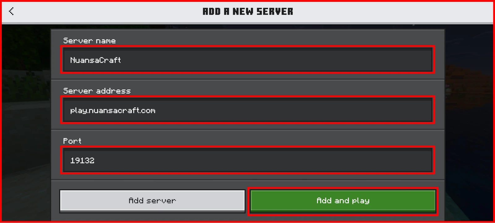 Bedrock Add a new server screen with Server name NuansaCraft, Server address play.nuansacraft.com, and Port 19132