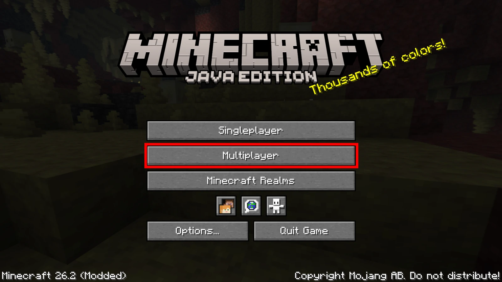 Minecraft Java Edition main menu with the Multiplayer button outlined in red