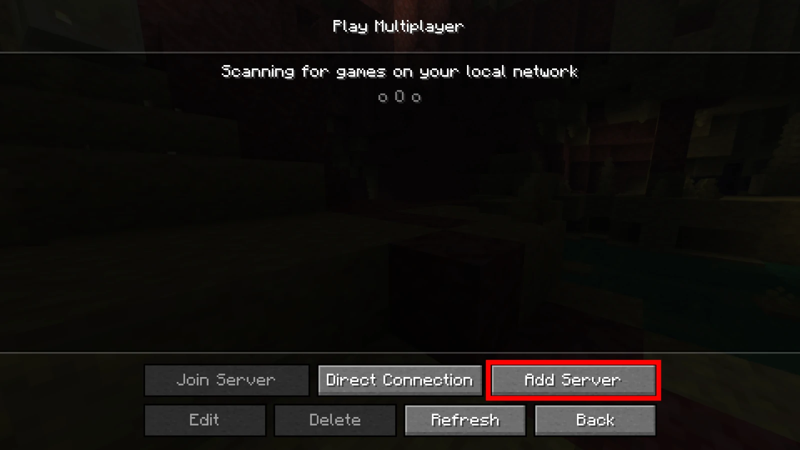 Minecraft Java Play Multiplayer screen with the Add Server button at the bottom right outlined in red
