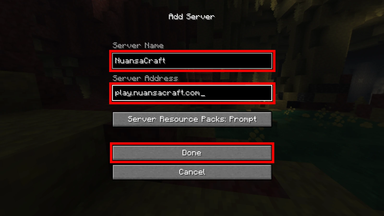 Minecraft Java Add Server screen with Server Name NuansaCraft and Server Address play.nuansacraft.com