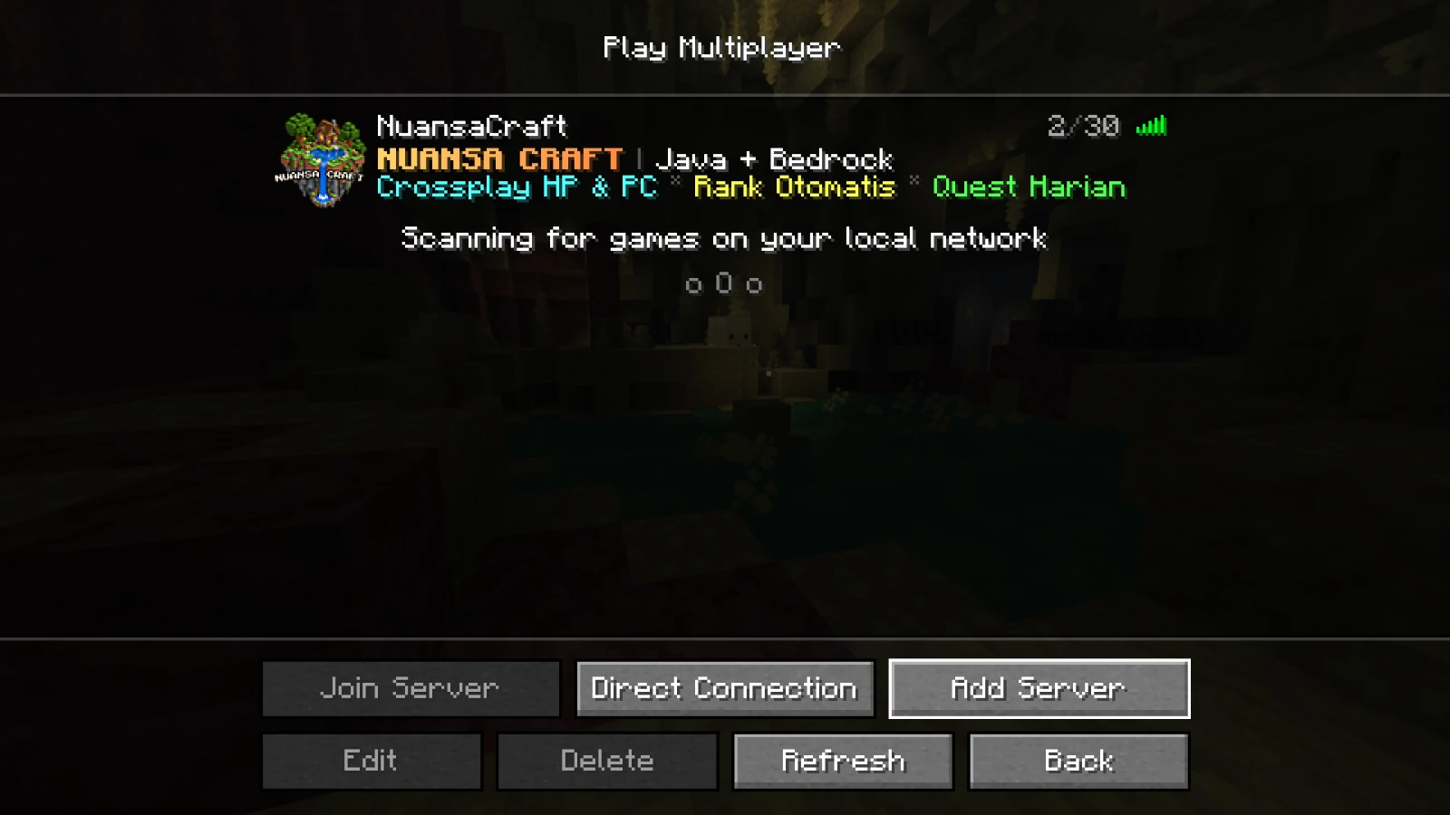 Minecraft Java server list showing NuansaCraft with 2 of 30 players online